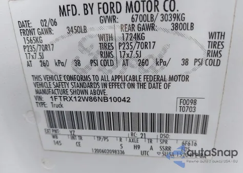 2006 Ford F-150 Stx/Xl/Xlt из США, поврежденный, VIN 1FTRX12W86NB10042